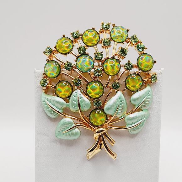 Vintage Style Watermelon Rhinestone Cabochon Tree Brooch Green Enamel Leaves - Picture 5 of 9
